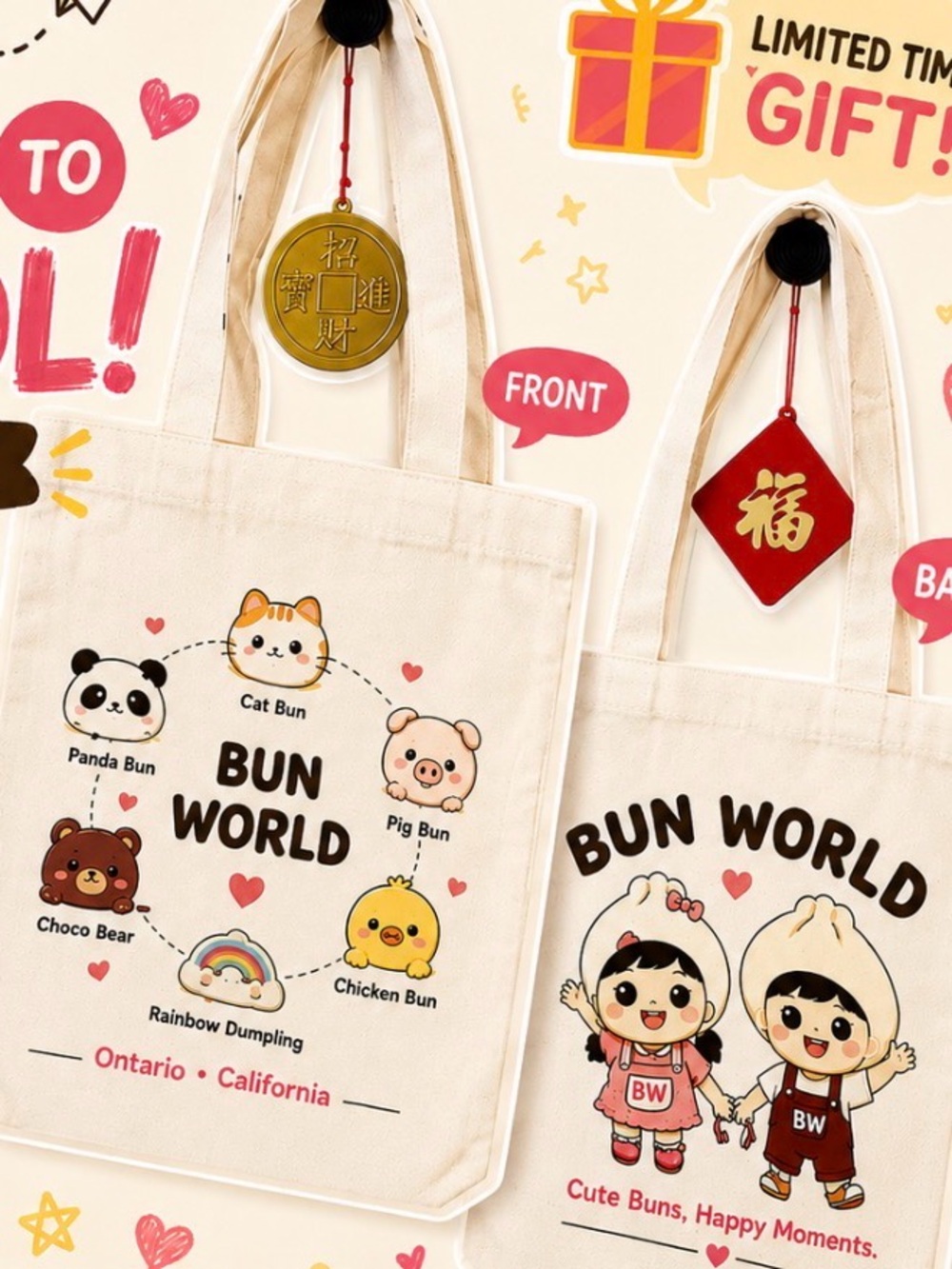 Bun World Kids Canvas Tote Bag - Cream